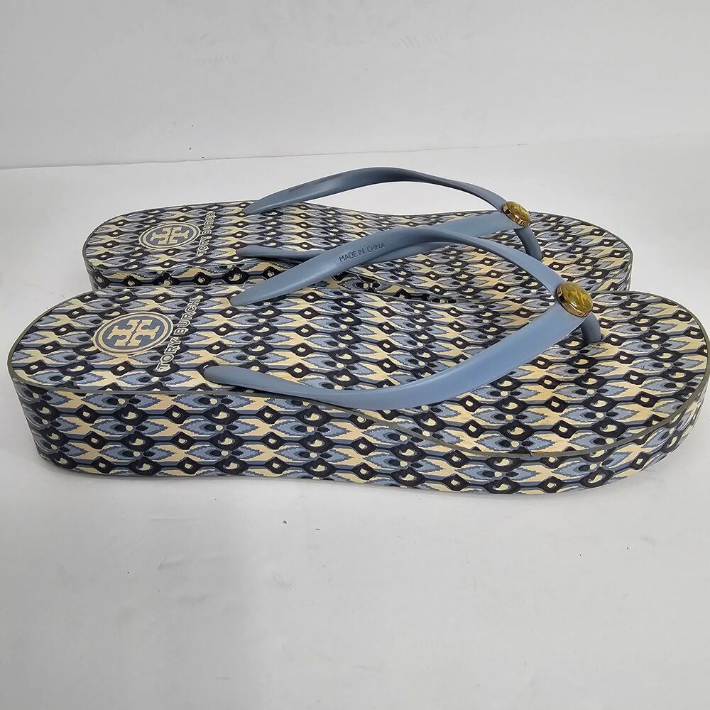 Tory Burch Blue Wedge Geometric Print Thong Flip Flop Sandals Size Unmarked 25cm - Picture 5 of 12